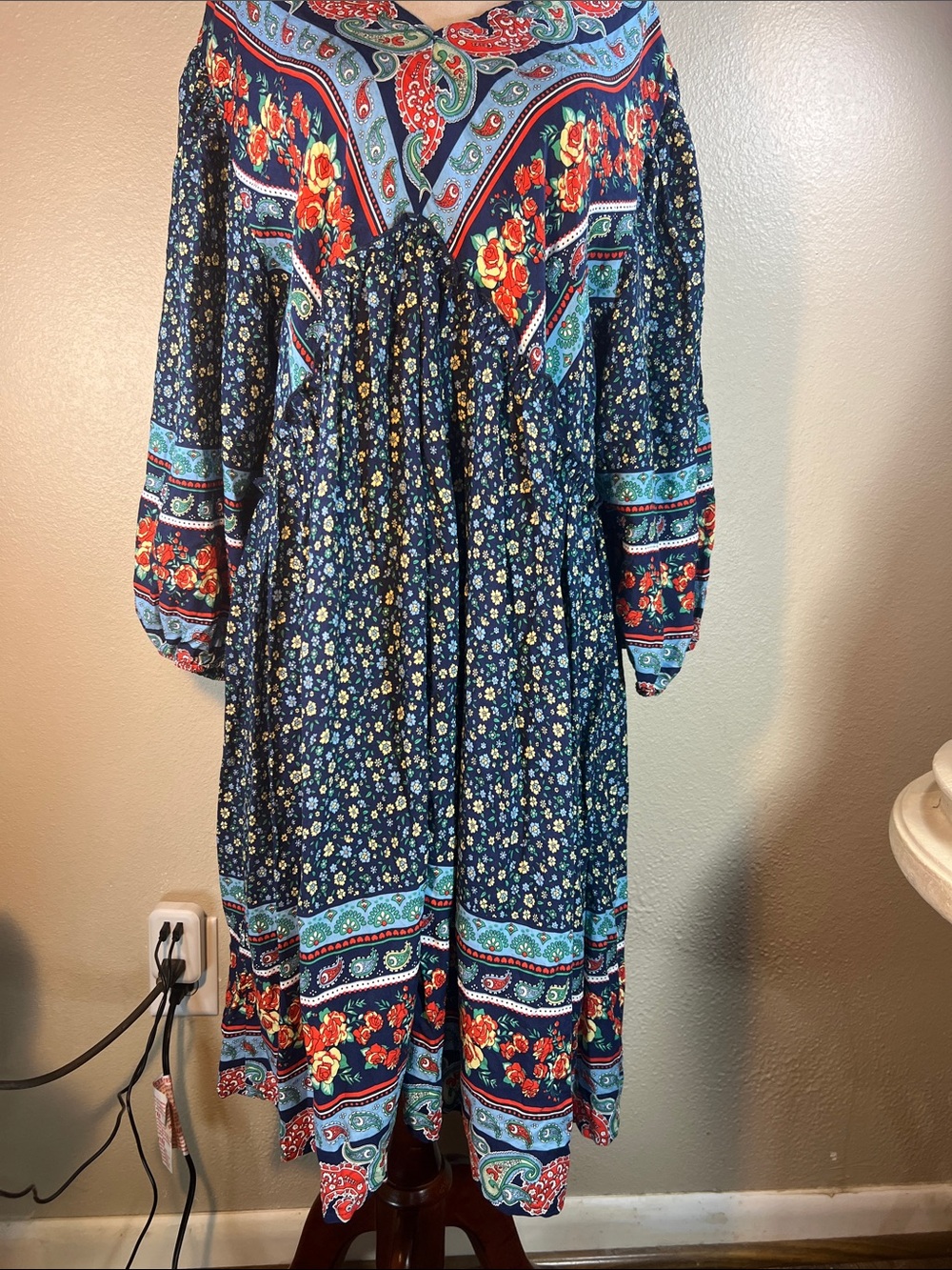 Navy Floral Paisley Long Sleeve Midi Dress